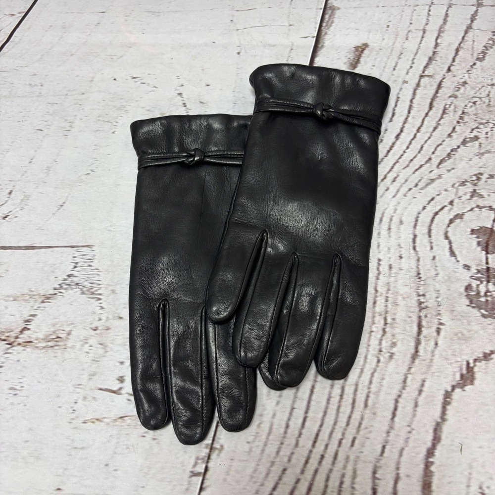 Womens Black Genuine Leather Knotted Wrist Winter Gloves Size 7.5 Style 42004